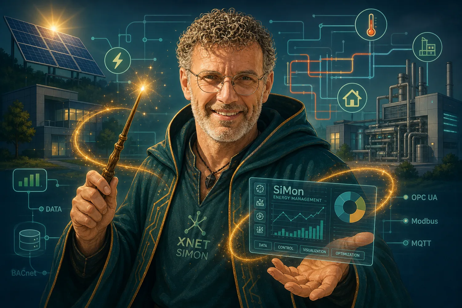 Original illustration of an energy wizard between solar energy, heating network, data lines and automation